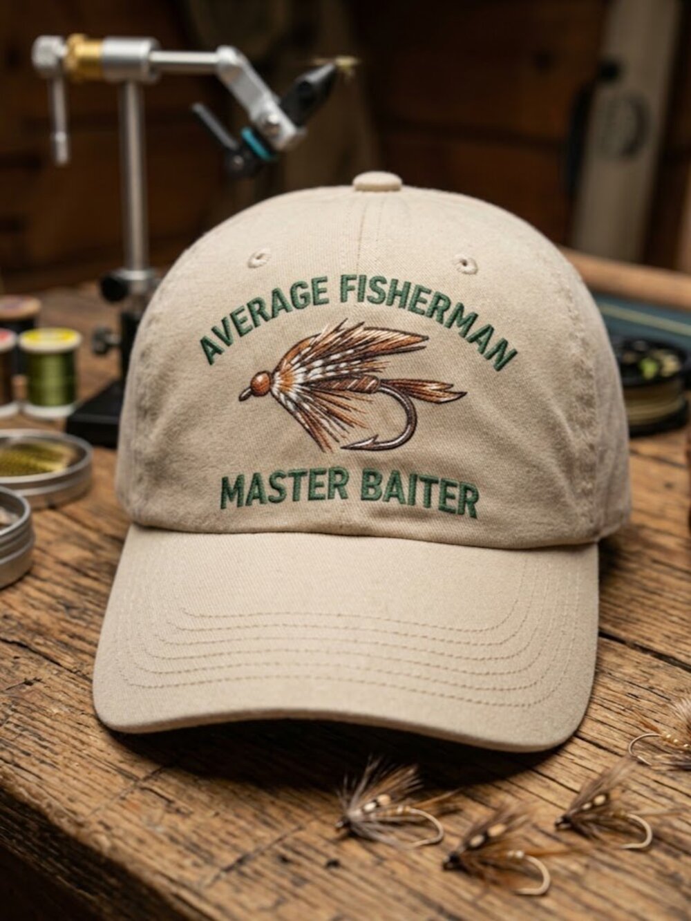 Average Fisherman Master Baiter Khaki Tan Cotton Dad Hat Baseball Cap Retro 80s